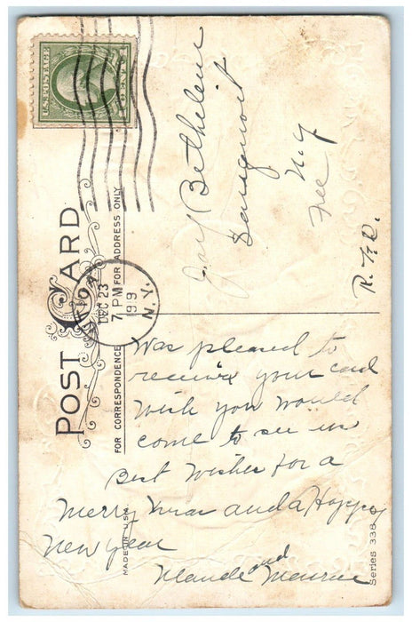 1919 Christmas Wishes Child Trumpet Cat Embossed Utica New York NY Postcard