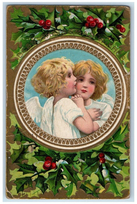 1911 Christmas Angels Holly Berries Embossed Richmond VA Posted Antique Postcard