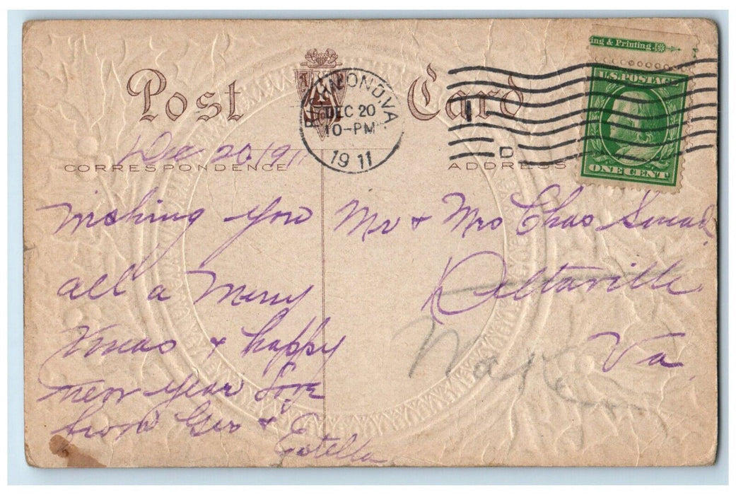1911 Christmas Angels Holly Berries Embossed Richmond VA Posted Antique Postcard