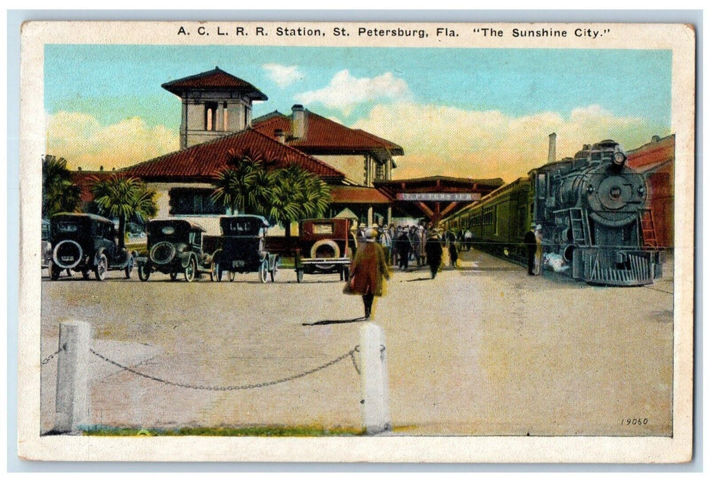 c1920 ACLRR Station Sunshine City Locomotive St. Petersburg Florida FL Postcard
