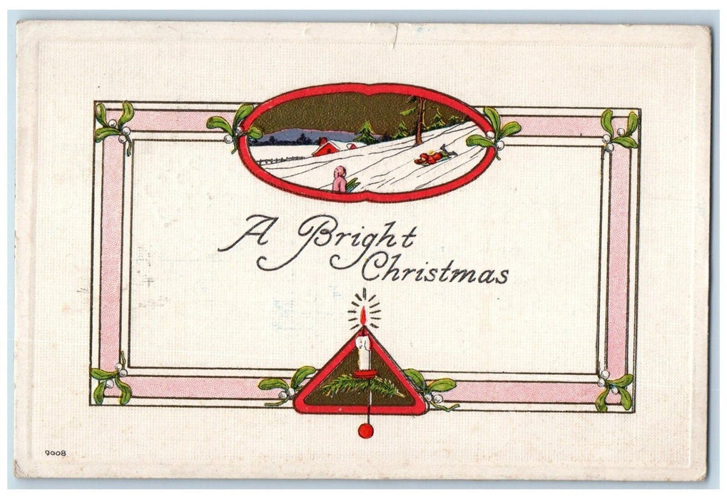 1915 Christmas Candle Children Sleigh Winter House Minimalist Embossed Postcard