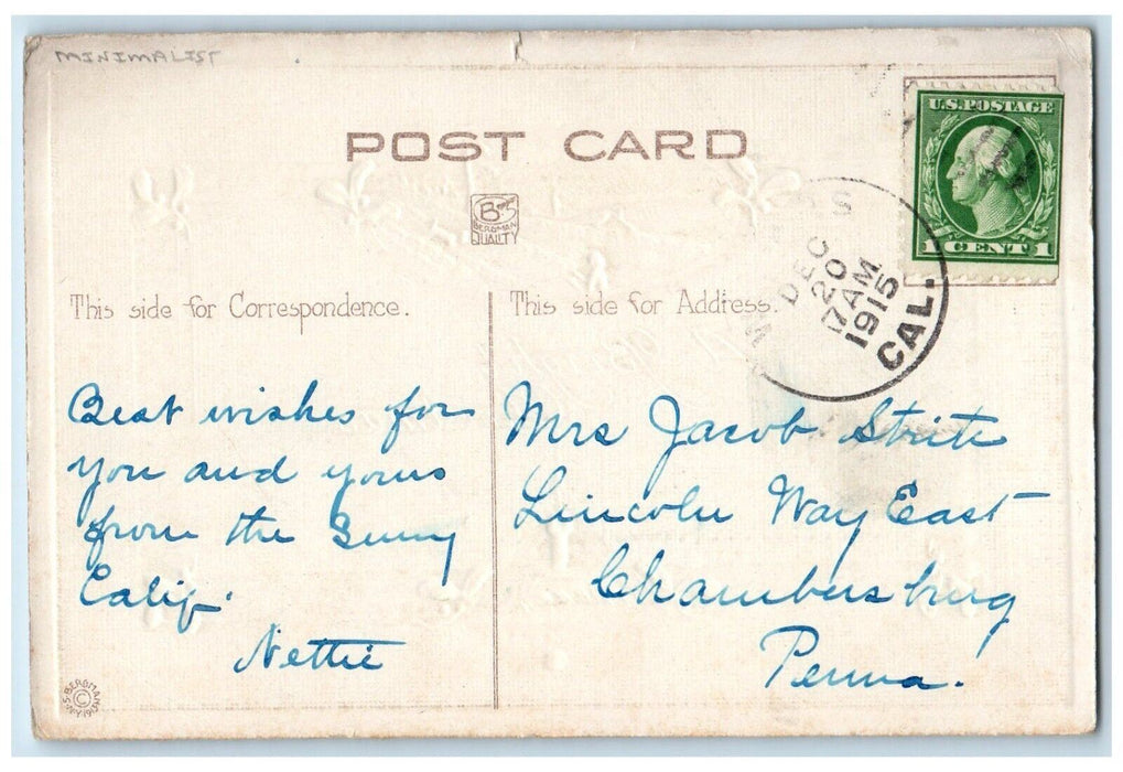 1915 Christmas Candle Children Sleigh Winter House Minimalist Embossed Postcard