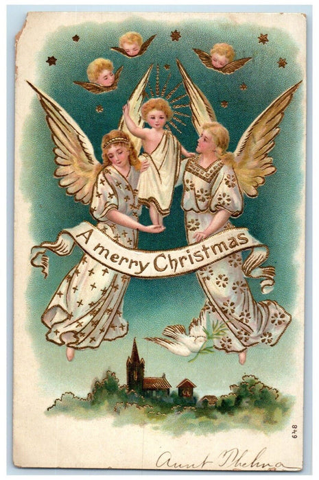 1906 Christmas Floating Angels Head Embossed Philadelphia PA Antique Postcard