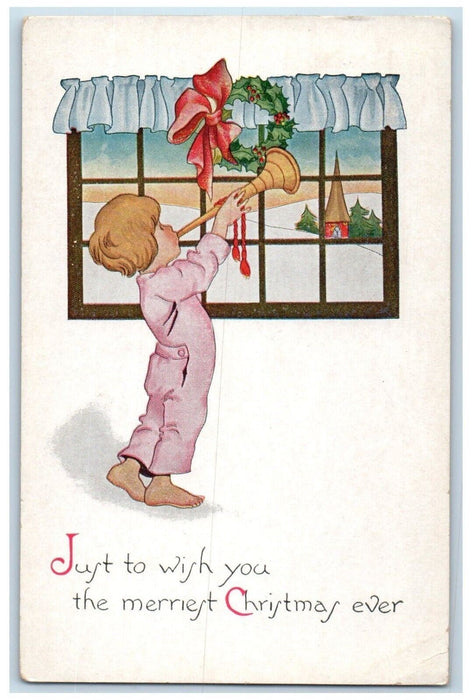 1917 Christmas Child Flute Whreat Holly Berries Winter Philadelphia PA Postcard