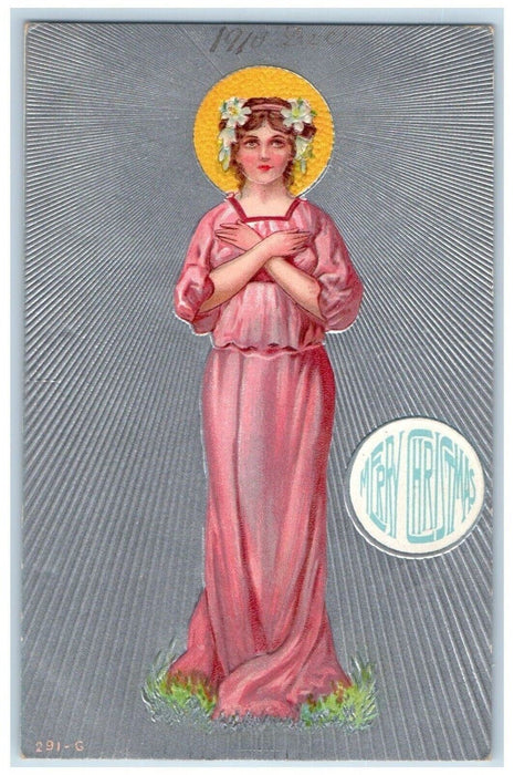 c1910's Christmas Pretty Woman Flowers On Head Embossed Posted Antique Postcard