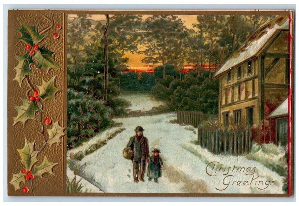 1910 Christmas Greetings Winter House Holly Berries Northumberland PA Postcard