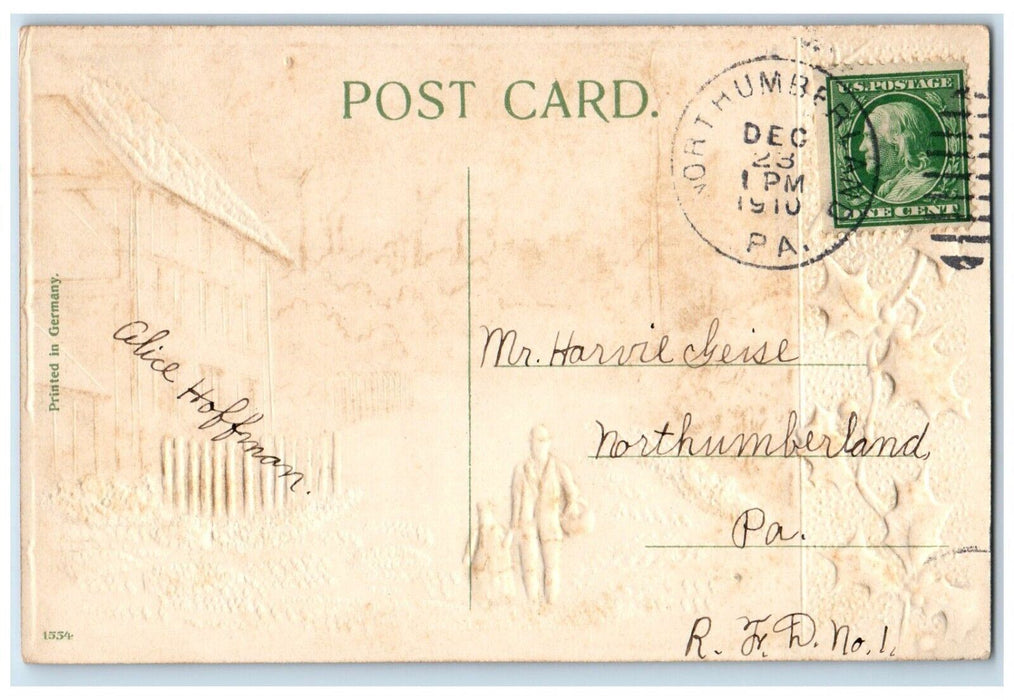 1910 Christmas Greetings Winter House Holly Berries Northumberland PA Postcard