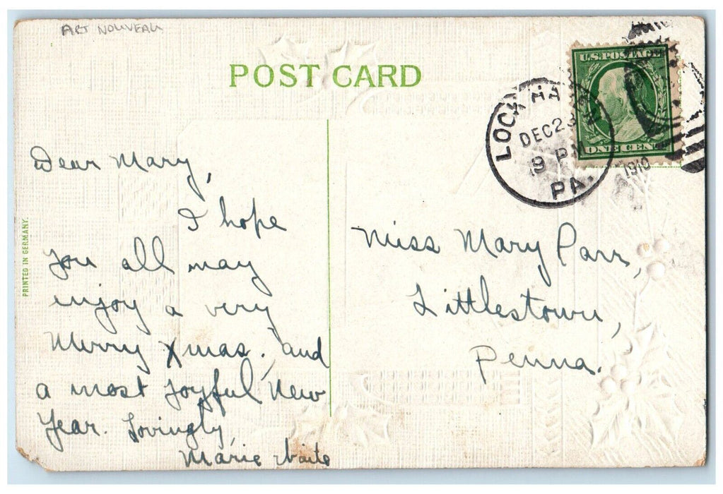 1910 Christmas Greetings Berries Winter Art Nouveau Northumberland PA Postcard