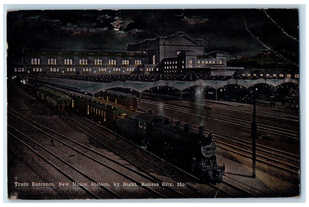 1920 Train Entrance New Union Station Night Moon Kansas City Missouri Postcard