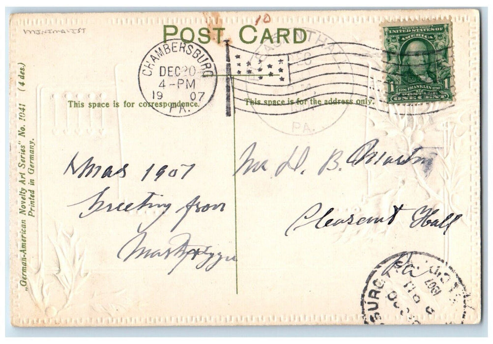 1907 Christmas Minimalist Holly Berries Chambersburg Pennsylvania PA Postcard