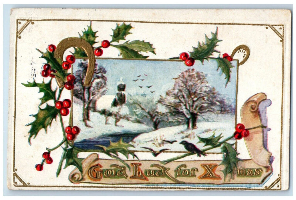 1915 Christmas Horsehoe Good Luck Berries Winter Sandwich Illinois IL Postcard