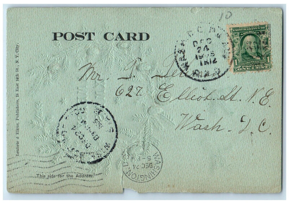 1905 Merry Christmas Pine Cone Embossed Washington DC Posted Antique Postcard