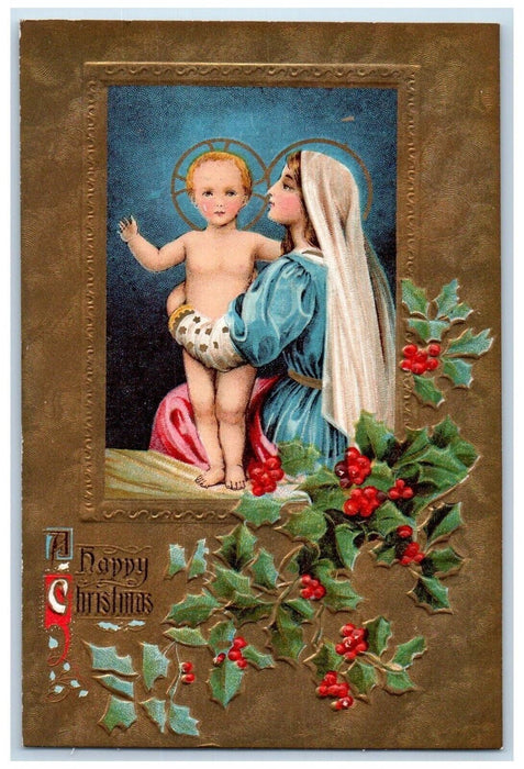 c1910's Christmas Mary Religious Holly Berries Embossed Antique Postcard