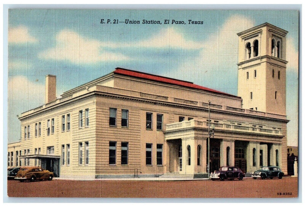 c1940 Union Station Exterior Building Classic Cars Street El Paso Texas Postcard