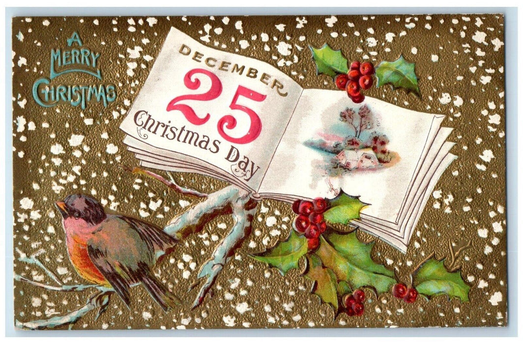c1910's Christmas December 25 Song Bird Berries Snowfalls Embossed Postcard