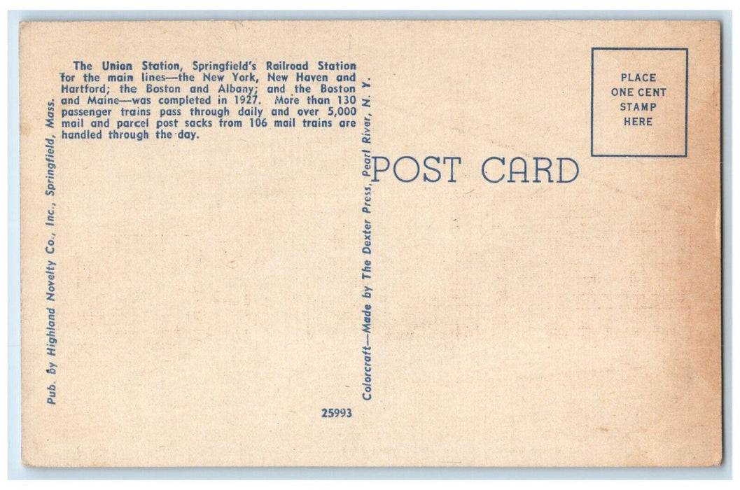 c1940 Union Station Three Main Railroads Pass Springfield Massachusetts Postcard