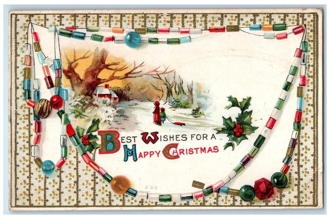 1913 Christmas Child Sleigh Winter Holly Berries San Antonio Texas TX Postcard