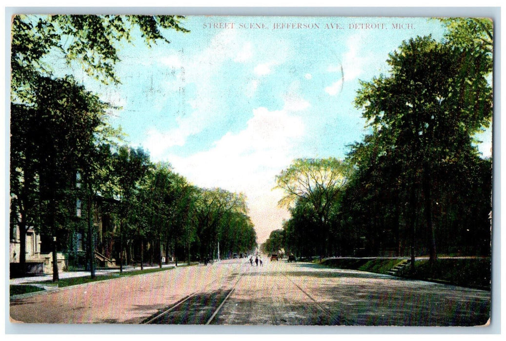 1909 Street Scene Jefferson Avenue Detroit Michigan MI Antique Posted Postcard