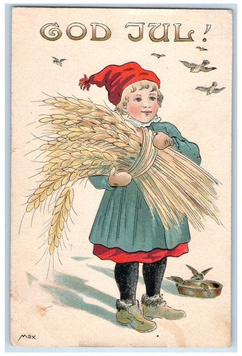 1907 Merry Christmas Child Wheat Birds Brooklyn New York NY Antique Postcard