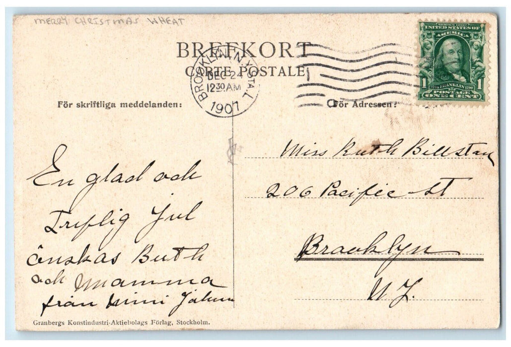 1907 Merry Christmas Child Wheat Birds Brooklyn New York NY Antique Postcard