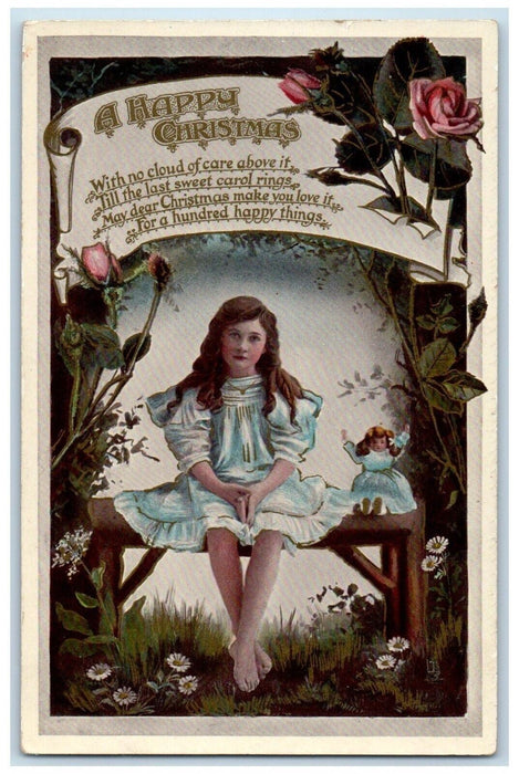 c1910's Christmas Gem Glosso Girl Doll Toy Daisy Flowers Gel Tuck's Postcard
