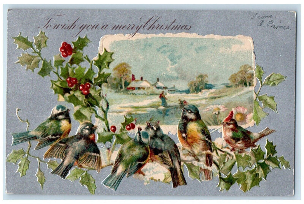 1906 Christmas Song Birds Holly Berries Daisy Flowers Nash Embossed Postcard