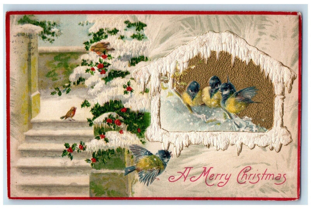 1910 Christmas Song Birds Holly Berries Winter Winsch Back Embossed Postcard