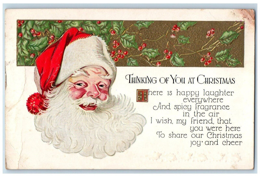 1931 Christmas Santa Claus Head Holly Berries Westside Iowa IA Embossed Postcard