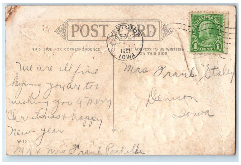 1931 Christmas Santa Claus Head Holly Berries Westside Iowa IA Embossed Postcard