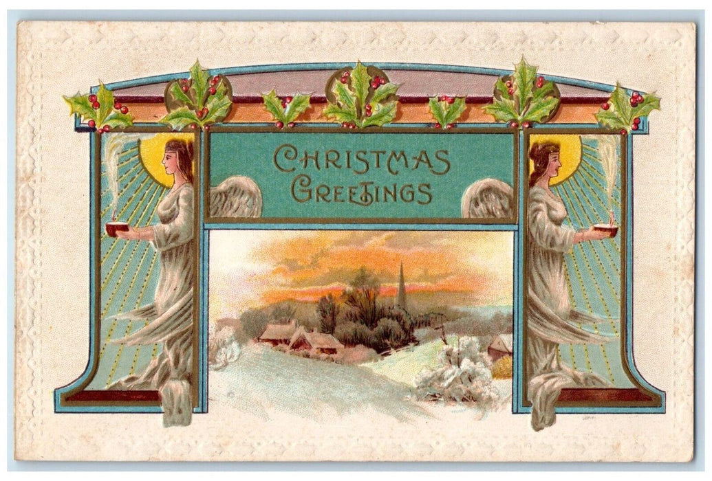 c1910's Christmas Greetings Angels Winter Berries Art Nouveau Embossed Postcard