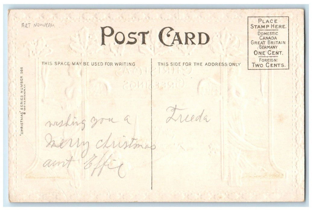 c1910's Christmas Greetings Angels Winter Berries Art Nouveau Embossed Postcard