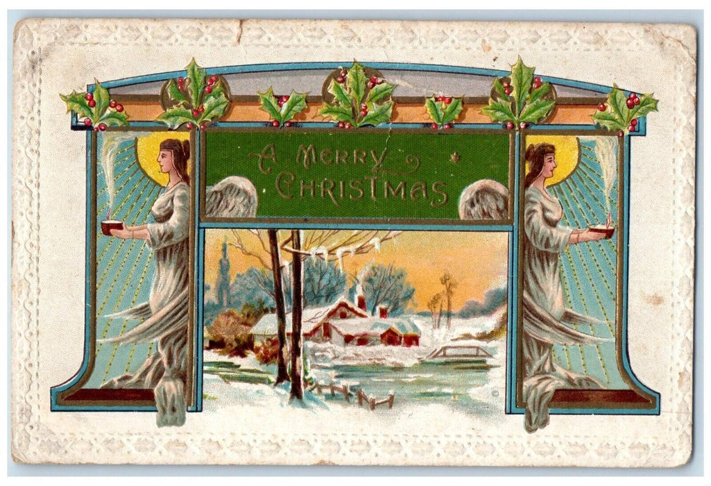 1910 Christmas Angels Holly Berries House Winter Art Nouveau Embossed Postcard