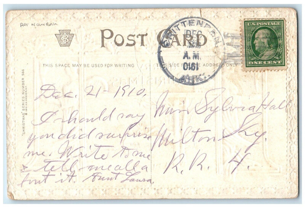 1910 Christmas Angels Holly Berries House Winter Art Nouveau Embossed Postcard