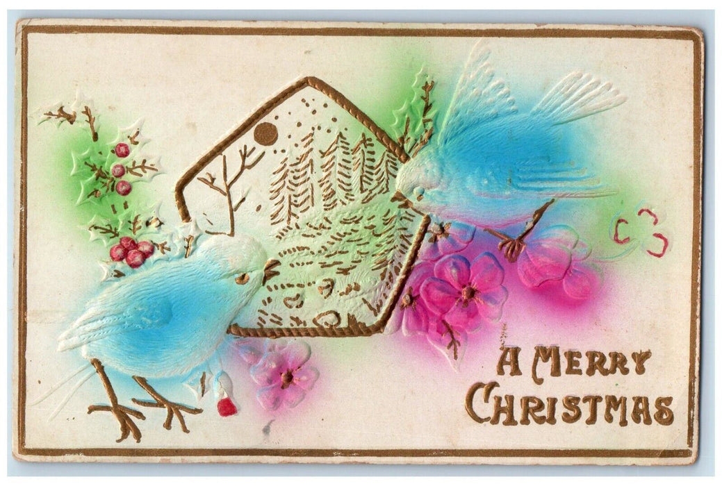 c1910's Merry Christmas Song Bird Flowers Airbrushed Embossed Antique Postcard