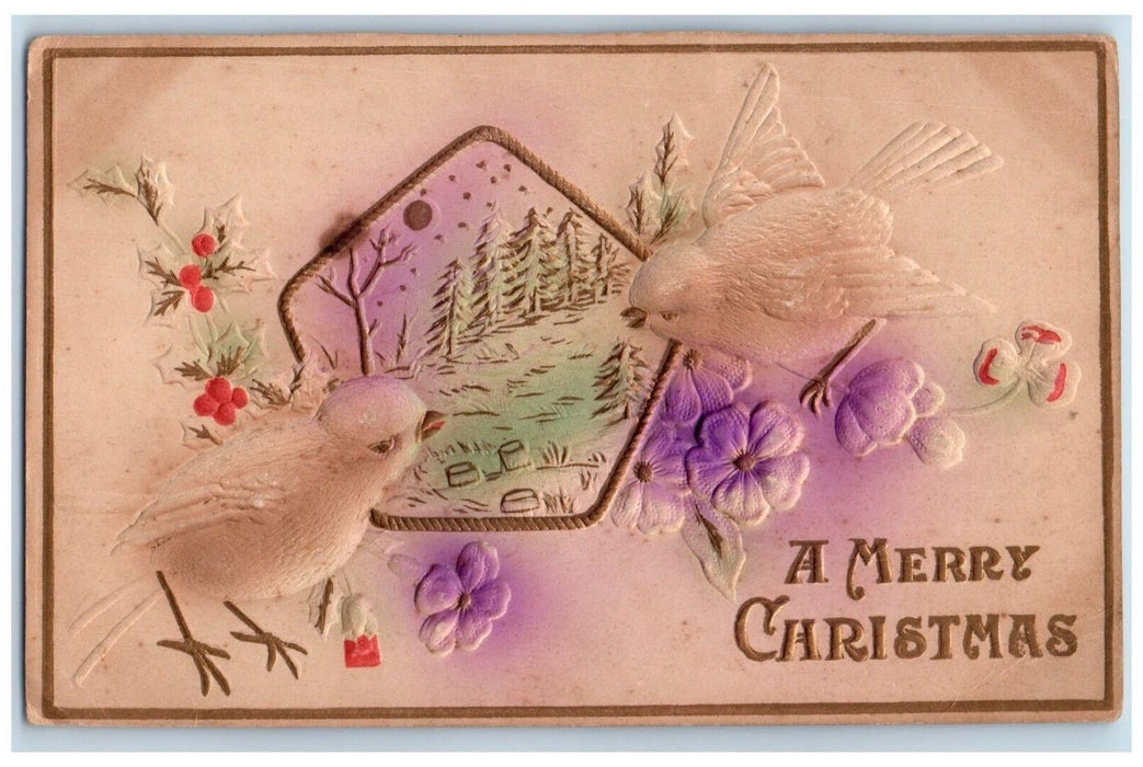 c1910's Christmas Song Bird Pansies Flowers Airbrushed Embossed Antique Postcard