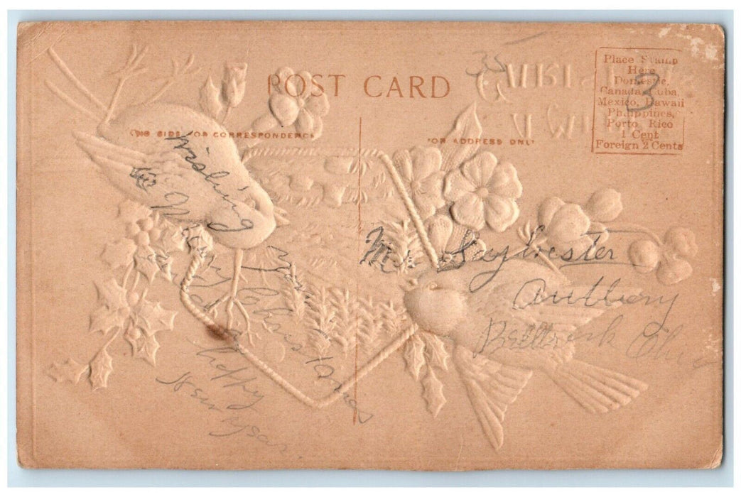 c1910's Christmas Song Bird Pansies Flowers Airbrushed Embossed Antique Postcard