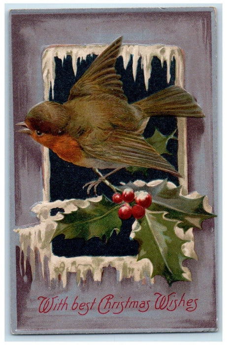 c1910's Christmas Song Bird Holly Berries Winter Winsch Back Embossed Postcard