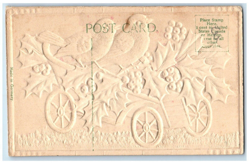 c1910's Christmas Song Bird Cart Wagon Berries Airbrushed Embossed Postcard