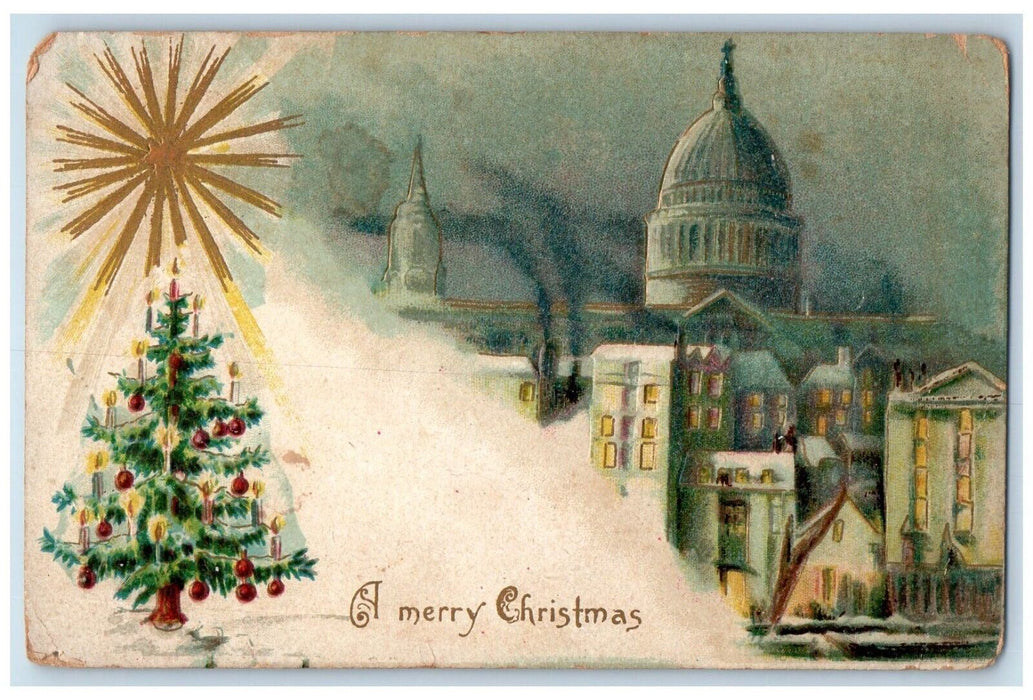 c1910's Christmas Tree Decorated House Church Embossed Unposted Antique Postcard