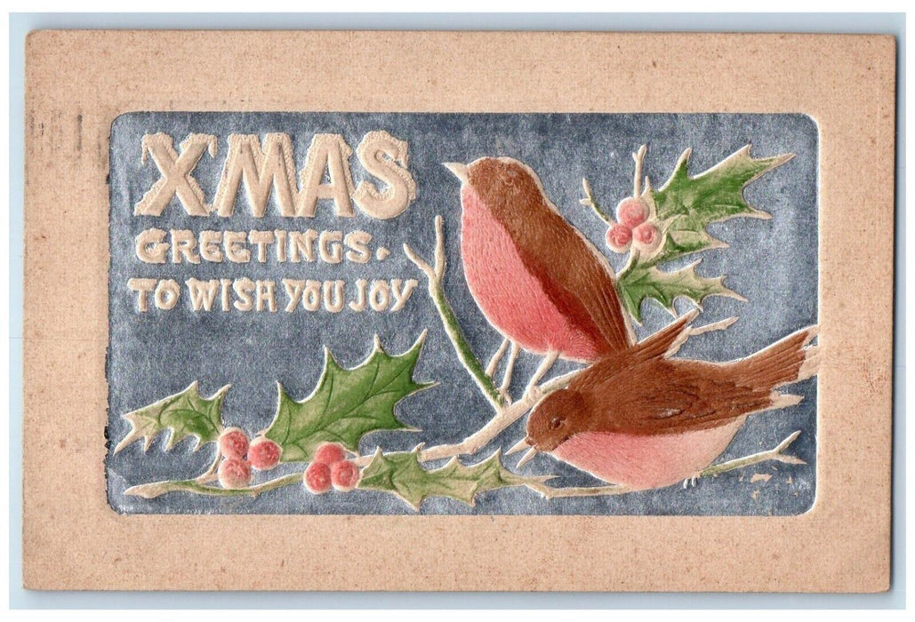 Christmas Greetings Song Birds Holly Berries Airbrushed Embossed Postcard