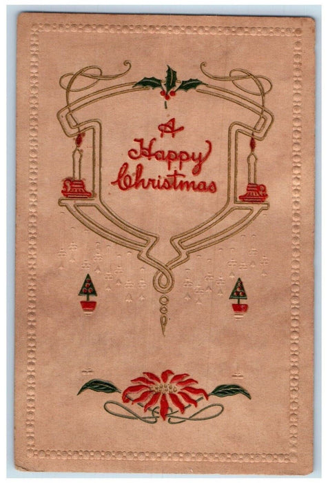 c1910's Christmas Poinsettia Art Nouveau Minimalist Embossed Antique Postcard