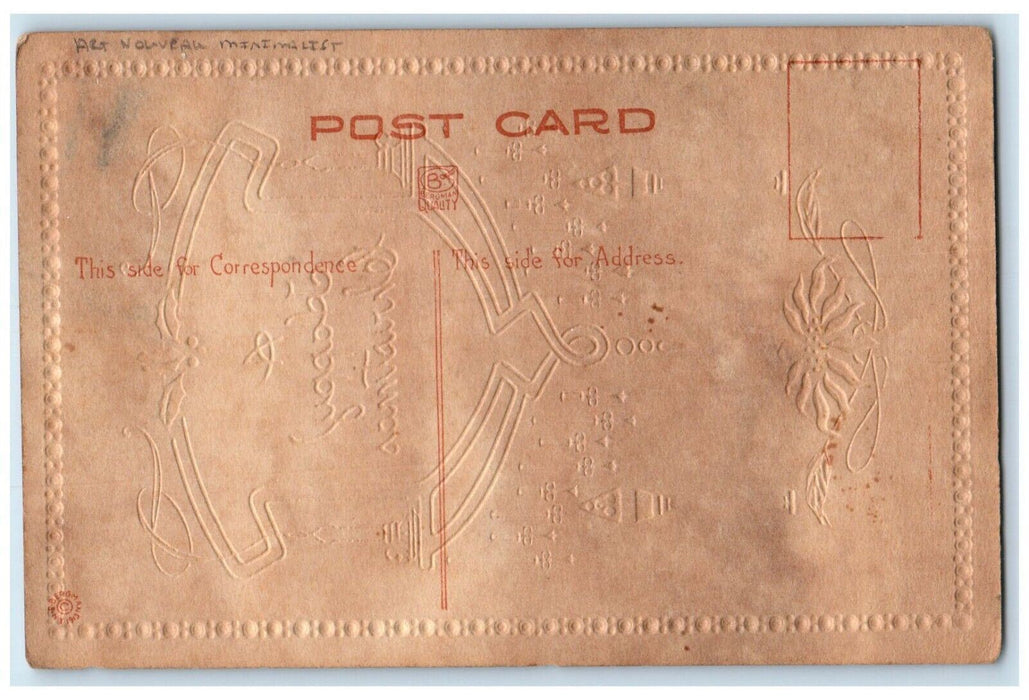 c1910's Christmas Poinsettia Art Nouveau Minimalist Embossed Antique Postcard