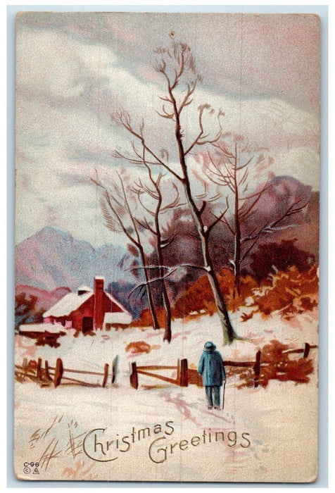 c1910's Christmas Greetings Man Going Back Home Winter Embossed Antique Postcard