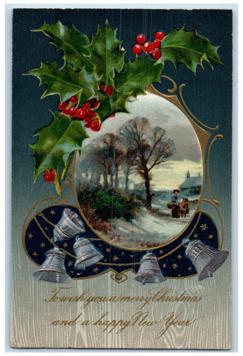 1908 Christmas And New Year Berries Ringing Bells Winsch Back Embossed Postcard