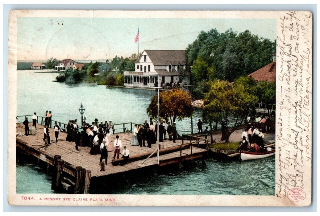 A Resort Ste. Claire Flats Michigan MI, Crowded People Boat Hotel Scene Postcard