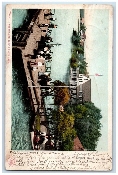 A Resort Ste. Claire Flats Michigan MI, Crowded People Boat Hotel Scene Postcard