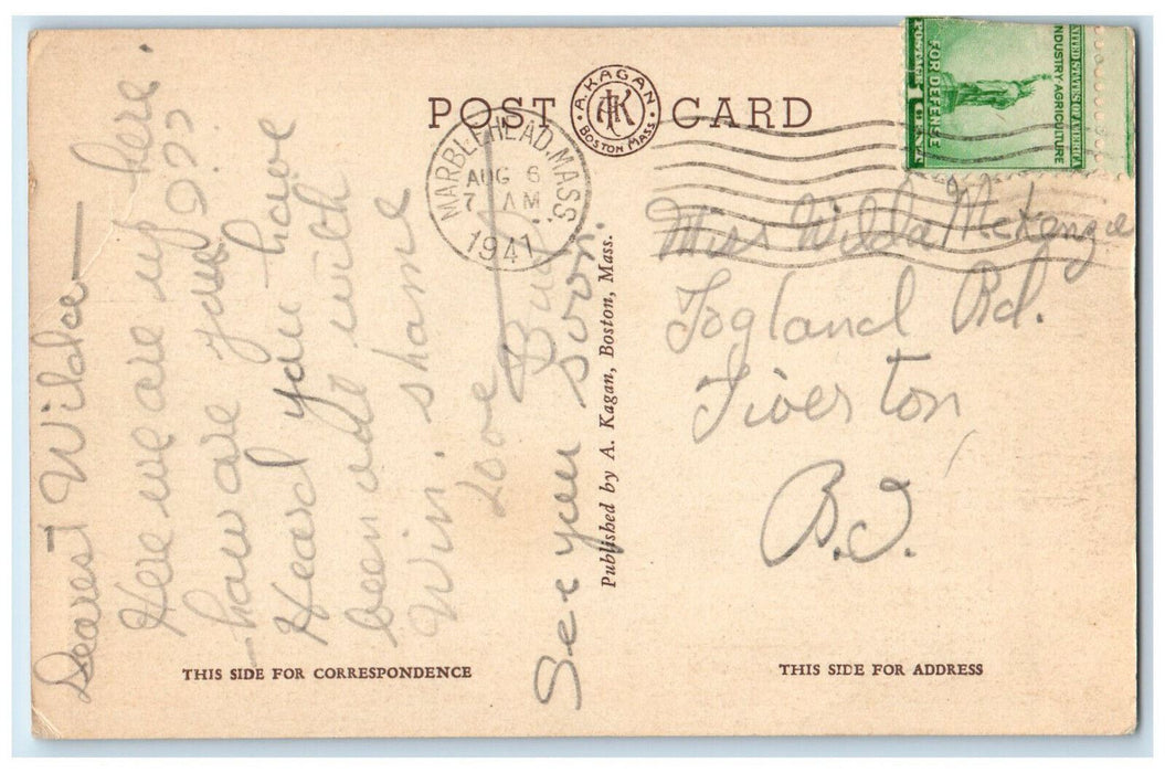 1941 The Endeavor In The Harbor Sailboat Marblehead Massachusetts MA Postcard