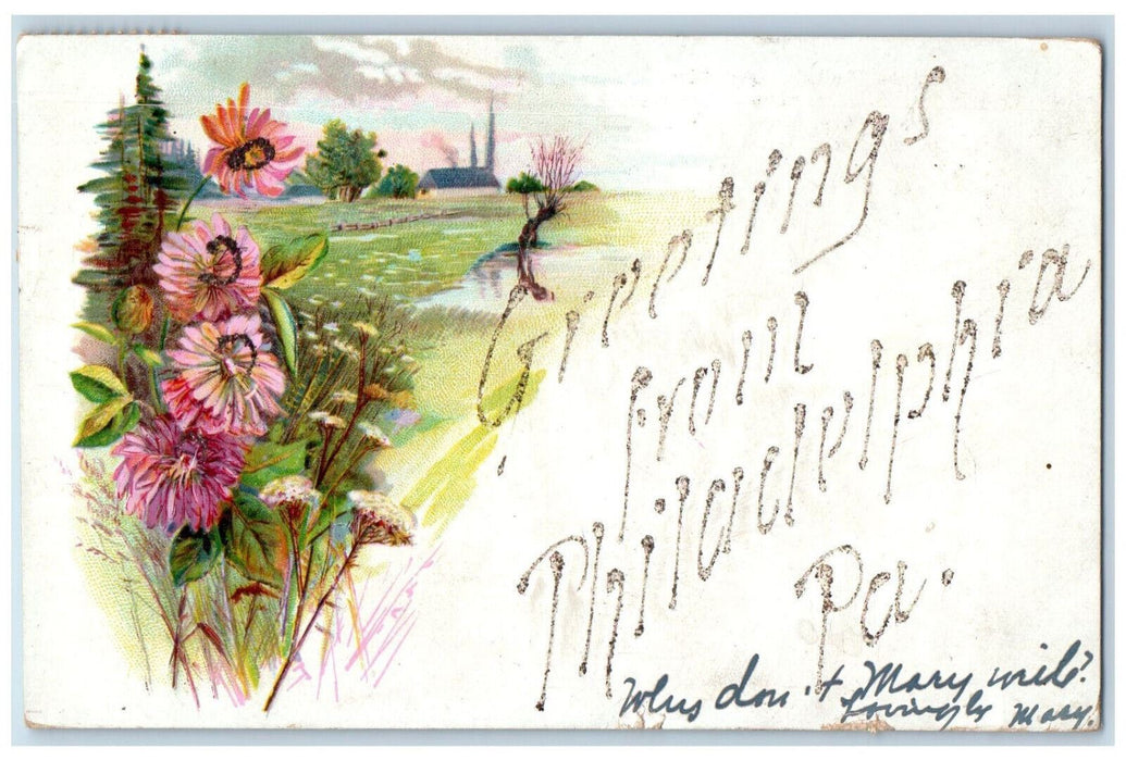 1906 Greetings from Philadelphia Pennsylvania PA, Flowers Scene Antique Postcard