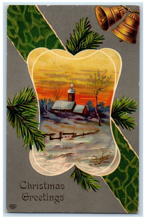 1909 Christmas Greetings Pine Leaf Bells House Winter Blackwood NJ Gel Postcard