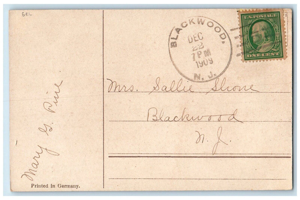 1909 Christmas Greetings Pine Leaf Bells House Winter Blackwood NJ Gel Postcard